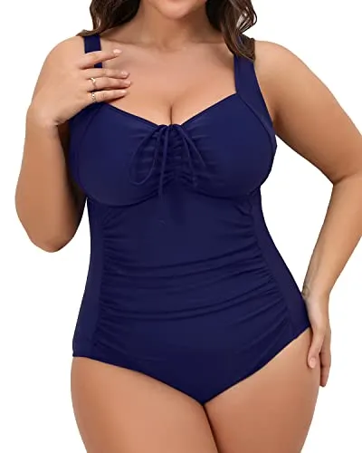 Women Flattering Plus Size Ruched Bathing Suit Tummy Control-Navy Blue