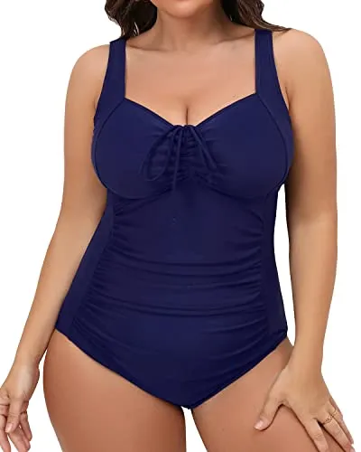 Women Flattering Plus Size Ruched Bathing Suit Tummy Control-Navy Blue