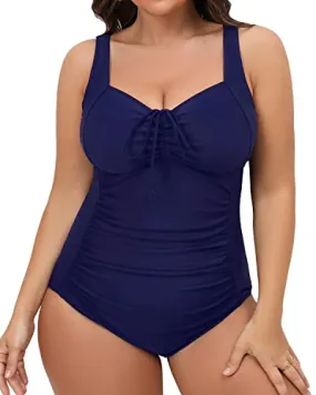 Women Flattering Plus Size Ruched Bathing Suit Tummy Control-Navy Blue
