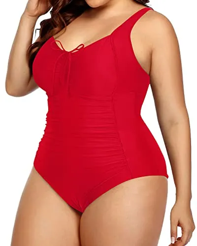 Women Plus Size Vintage Style Ruched Swimwear-Red