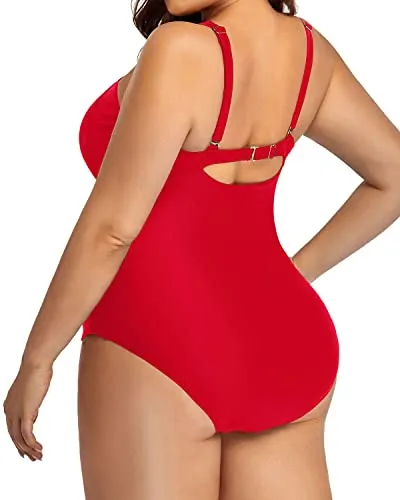 Women Plus Size Vintage Style Ruched Swimwear-Red