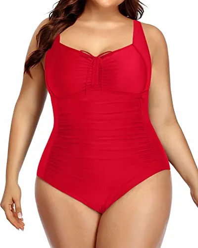 Women Plus Size Vintage Style Ruched Swimwear-Red