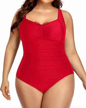 Women Plus Size Vintage Style Ruched Swimwear-Red