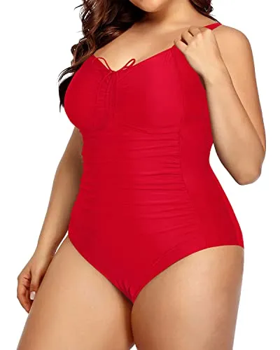Women Plus Size Vintage Style Ruched Swimwear-Red