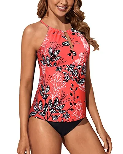 Women's High Neck Tankini Swimsuits Tummy Control Bathing Suits-Red Floral
