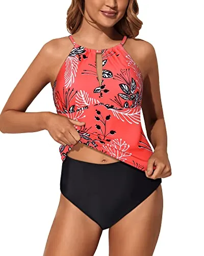 Women's High Neck Tankini Swimsuits Tummy Control Bathing Suits-Red Floral