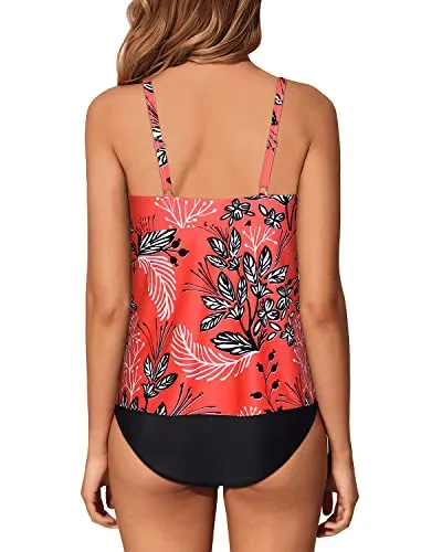 Women's High Neck Tankini Swimsuits Tummy Control Bathing Suits-Red Floral