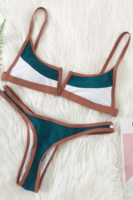 Women’s Triangle Bikini Set | Bandeau Push-Up Swimsuit with Patchwork Design, Two-Piece Beachwear & Tankini
