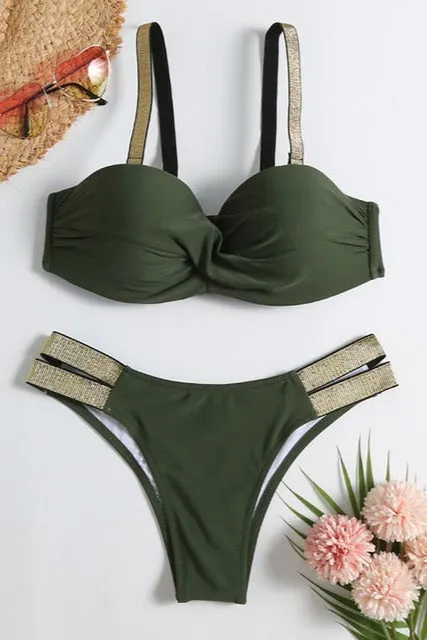 Women’s Triangle Bikini Set | Bandeau Push-Up Swimsuit with Patchwork Design, Two-Piece Beachwear & Tankini