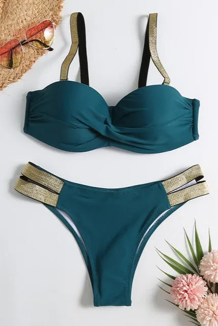 Women’s Triangle Bikini Set | Bandeau Push-Up Swimsuit with Patchwork Design, Two-Piece Beachwear & Tankini