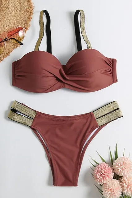 Women’s Triangle Bikini Set | Bandeau Push-Up Swimsuit with Patchwork Design, Two-Piece Beachwear & Tankini