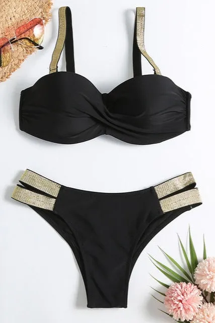 Women’s Triangle Bikini Set | Bandeau Push-Up Swimsuit with Patchwork Design, Two-Piece Beachwear & Tankini