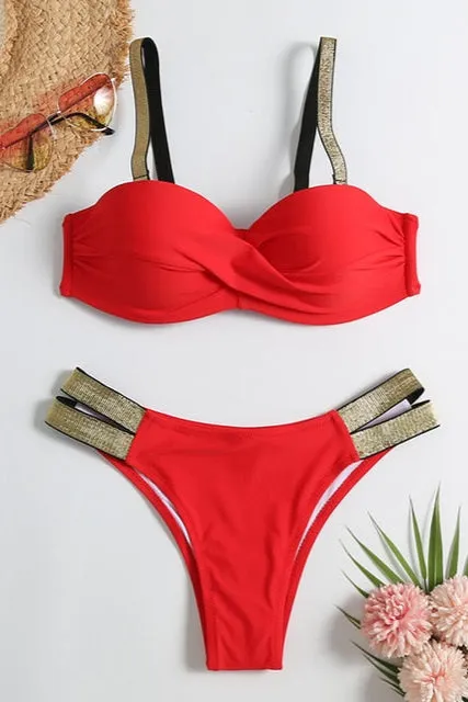 Women’s Triangle Bikini Set | Bandeau Push-Up Swimsuit with Patchwork Design, Two-Piece Beachwear & Tankini