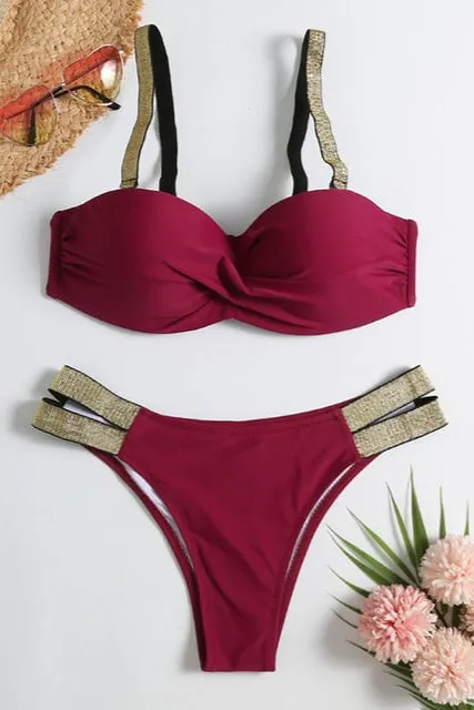 Women’s Triangle Bikini Set | Bandeau Push-Up Swimsuit with Patchwork Design, Two-Piece Beachwear & Tankini