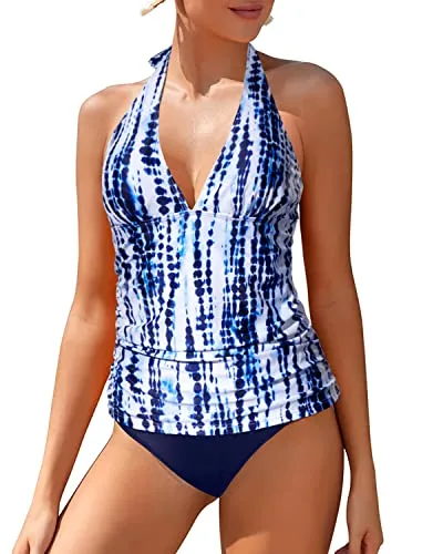 Women's Tummy Control Tankini Two Piece Bathing Suits Sexy V Neck Halter Tankini Top
