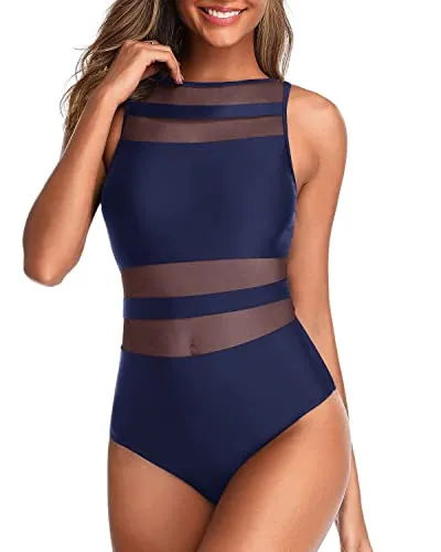 Women's Unique And Charming Mesh Patchwork One Piece Swimsuits-Navy Blue