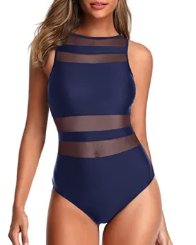 Women's Unique And Charming Mesh Patchwork One Piece Swimsuits-Navy Blue