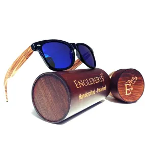 Zebrawood Sunglasses with Blue Polarized Lenses and Bamboo Case, Handcrafted