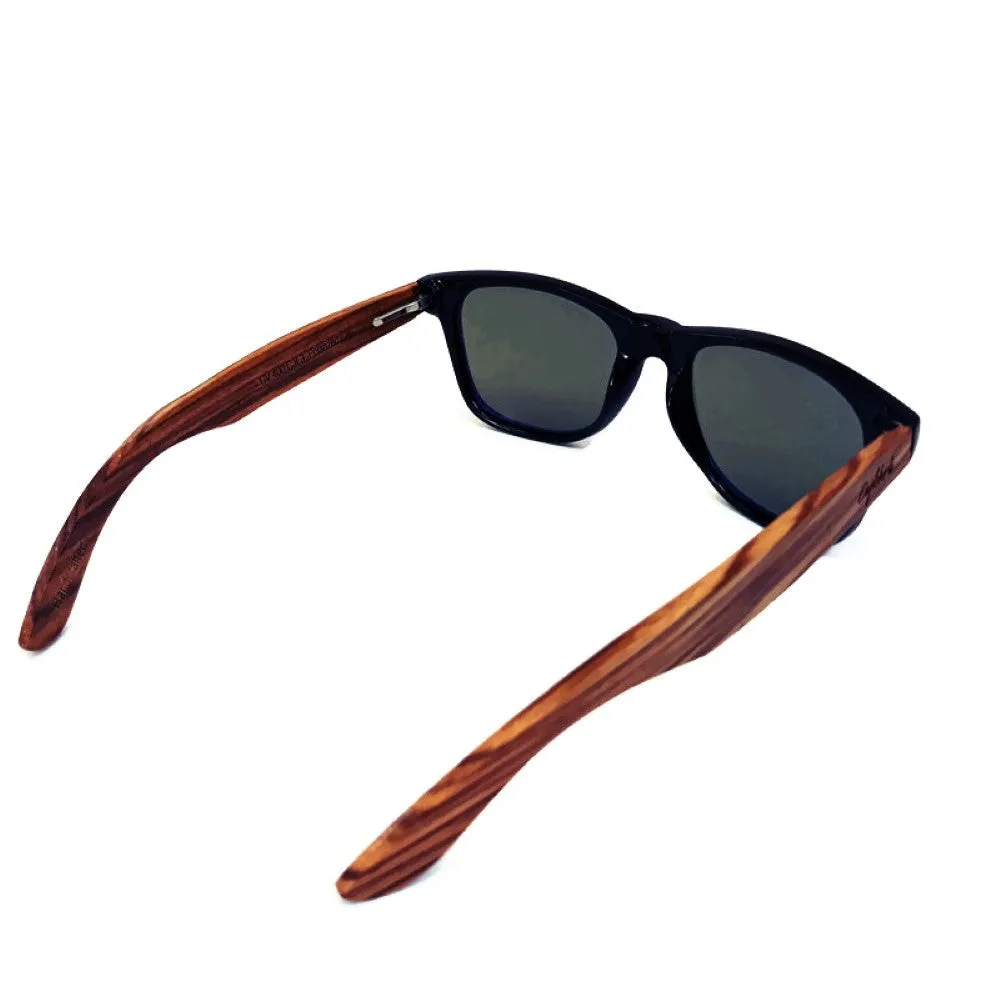 Zebrawood Sunglasses with Blue Polarized Lenses and Bamboo Case, Handcrafted