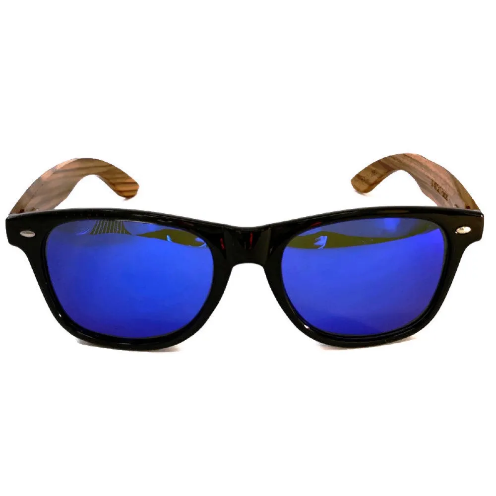 Zebrawood Sunglasses with Blue Polarized Lenses and Bamboo Case, Handcrafted
