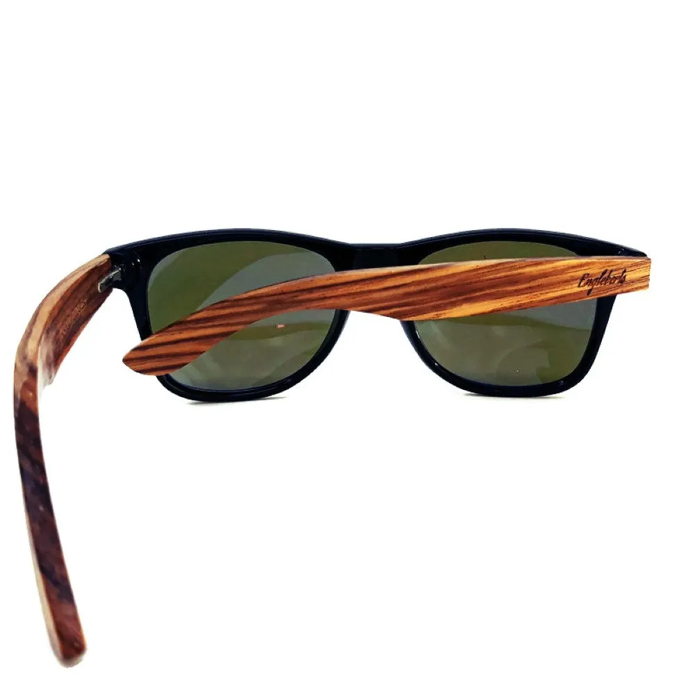Zebrawood Sunglasses with Blue Polarized Lenses and Bamboo Case, Handcrafted