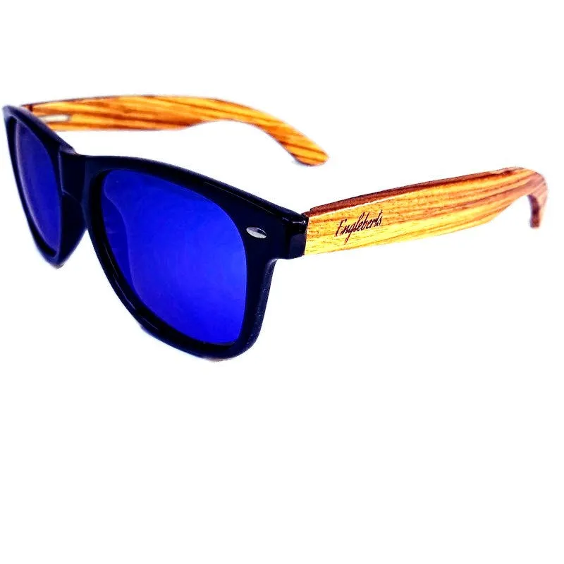 Zebrawood Sunglasses with Blue Polarized Lenses and Bamboo Case, Handcrafted