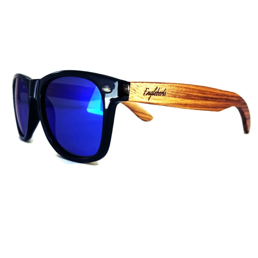 Zebrawood Sunglasses with Blue Polarized Lenses and Bamboo Case, Handcrafted
