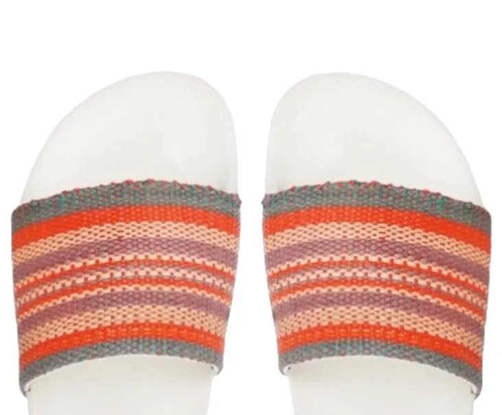Zimmermann Woven Raffia Pool Slide | Tomato Multi | Red/White, Rubber Sole Beach