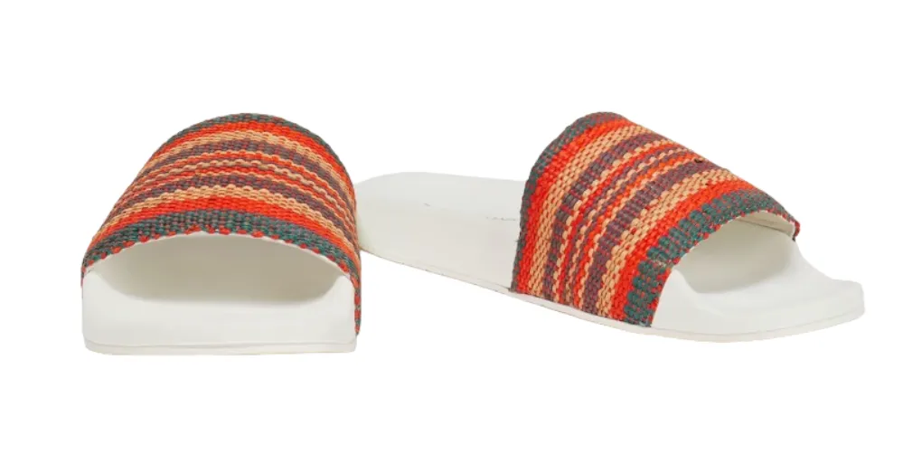Zimmermann Woven Raffia Pool Slide | Tomato Multi | Red/White, Rubber Sole Beach